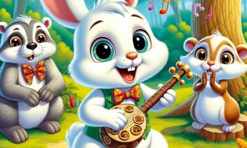Un jeune lapin nommé Léo, au pelage blanc et doux, se tient au centre de la scène, souriant et jouant une mélodie joyeuse sur un instrument fait de branches et de coquilles de noix. À sa droite, sa sœur, une petite lapine beige, l'encourage avec admiration, tandis qu'à sa gauche, un vieux blaireau gris, assis sur une souche, observe avec surprise et fierté. La scène se déroule dans une clairière ensoleillée de la forêt de Bois-Riant, entourée d'arbres majestueux et de fleurs colorées. Les animaux de la forêt, comme des écureuils et des oiseaux, se rassemblent autour, captivés par la performance de Léo, qui crée une atmosphère festive et joyeuse.