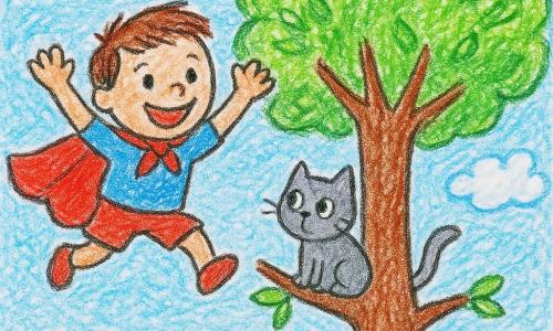 Un garçon nommé Super-Léo, portant une cape rouge, sourit joyeusement en sautant dans les airs. Un petit chat gris, aux yeux écarquillés, est perché sur une branche d'un arbre aux feuilles vertes et brillantes. L'arbre se dresse au centre de l'image. Le ciel est bleu avec quelques nuages blancs. La scène a lieu dans un parc ensoleillé, avec de l'herbe verte et des fleurs colorées.