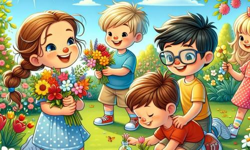 Dans un jardin fleuri, quatre enfants s'amusent. Léo, 7 ans, avec des cheveux bruns en bataille, porte un t-shirt bleu et un short beige, riant avec un bouquet de fleurs. Emma, 6 ans, aux cheveux blonds tressés et en robe rose à pois, ramasse des fleurs jaunes. Sam, 8 ans, avec des lunettes et des cheveux noirs, tient un vase transparent rempli de fleurs. Mia, 7 ans, avec des cheveux châtains et des lunettes de soleil, dessine un soleil sur l'herbe. Le jardin est rempli de tulipes rouges, jonquilles jaunes et marguerites blanches, sous un ciel bleu avec des nuages. Les enfants créent un bouquet coloré et décorent le jardin, célébrant le printemps.