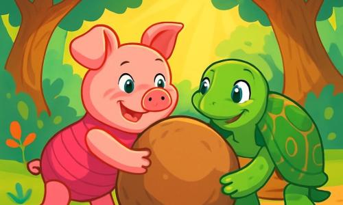 Un cochon nommé Porcinet, avec une peau rose éclatante et des yeux pétillants de curiosité, se tient au centre de la scène, affichant une expression déterminée et joyeuse. À ses côtés, une vieille tortue nommée Tortilla, avec une carapace verte ornée de motifs dorés, regarde Porcinet avec gratitude. La scène se déroule dans une forêt magique, où de grands arbres aux troncs noueux s'élèvent vers le ciel, leurs feuilles vertes filtrant la lumière du soleil. Porcinet et ses amis s'affairent à déplacer un gros rocher, chacun mettant toute son énergie dans cette tâche, tandis qu'un léger vent fait danser les fleurs autour d'eux, ajoutant une touche de magie à cette scène d'entraide et d'amitié.