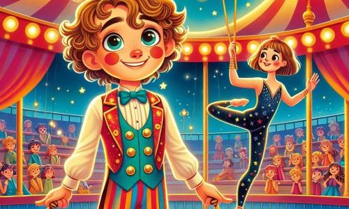 Tambourin, un jeune garçon aux cheveux bouclés et à la peau dorée, se tient au centre d'une piste de cirque, les yeux pétillants d'excitation et un large sourire. Il porte un costume coloré avec des cercles brillants et tient deux bâtonnets scintillants, prêt à faire son numéro. À proximité, Zélie, la trapéziste, est suspendue dans les airs, vêtue d'un justaucorps bleu nuit parsemé d'étoiles, prête à exécuter un saut gracieux. Le chapiteau du Cirque Mirifique, avec ses grandes tentes rouges et dorées, est décoré de guirlandes lumineuses. La sciure recouvre le sol, et des ballons colorés flottent autour, créant une atmosphère festive. Tambourin se prépare à donner le signal pour le numéro, tandis que le public retient son souffle, impatient de découvrir la magie du cirque.