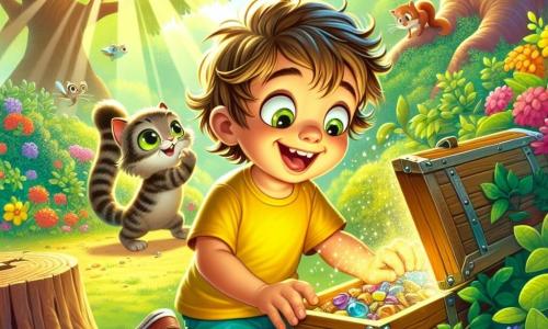 Un petit garçon de 4 ans, Hugo, aux cheveux châtains en bataille et aux yeux curieux, est accroupi dans un jardin verdoyant. Il porte un t-shirt jaune et un short bleu, affichant une grande joie en découvrant un trésor caché. À ses côtés, son chat rayé Filou, avec un pelage doux et des yeux verts, se tient debout, regardant la boîte avec malice. Le jardin est rempli de fleurs colorées et d'arbres feuillus, avec un vieux tronc d'arbre en arrière-plan. La lumière du soleil crée des ombres sur le sol. Hugo ouvre une boîte en bois délicatement ornée, révélant des pierres scintillantes et des coquillages, tandis qu'un écureuil roux les observe depuis une branche.