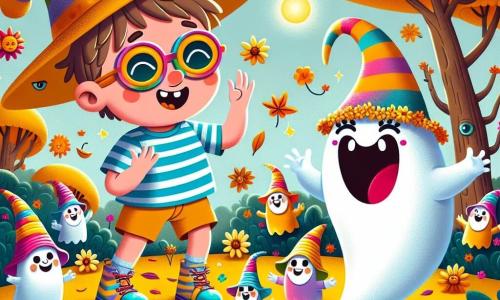 Un fantôme nommé Fantomino, avec un corps translucide et des yeux malicieux, porte un chapeau de paille coloré et des lunettes de soleil. Il flotte joyeusement dans les airs, riant en agitant sa main. À ses côtés, Léo, un garçon de 8 ans aux cheveux bruns en bataille et t-shirt rayé, sourit en tenant une feuille dorée. Ils se trouvent dans une clairière enchantée de la Forêt des Curiosités, entourés d'arbres multicolores et de fleurs dansant au vent. Ils découvrent un groupe de Lutins des Saisons dansant autour d'un tas de feuilles dorées, créant une ambiance festive et magique.