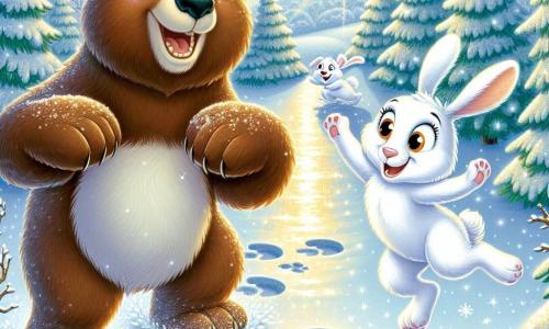 Oscar l'ours, un grand ours brun joyeux, saute dans la neige, laissant des empreintes. Il sourit, enthousiaste pour l'hiver. À côté, Léa le lièvre, toute blanche avec de grandes oreilles, bondit avec légèreté, ses yeux brillants de bonheur. La scène se déroule dans une forêt magique avec des arbres couverts de neige et un ciel bleu éclatant. Le soleil illumine le paysage. Oscar et Léa s'amusent à faire des anges dans la neige, riant ensemble et profitant de la beauté de l'hiver.