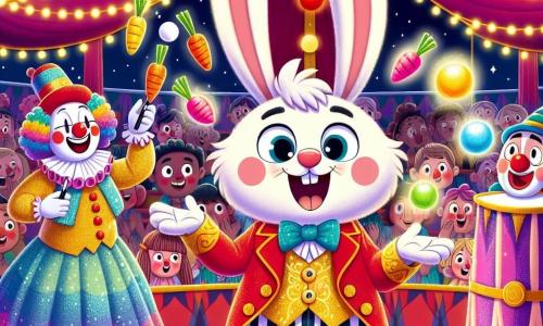 Titou le lapin, un petit lapin aux grandes oreilles, porte une veste rouge à boutons dorés et sourit d'excitation en jonglant avec des carottes colorées. À côté, un clown au nez rouge et aux cheveux multicolores rit en jonglant avec des balles brillantes, tandis qu'une magicienne en robe étincelante observe avec un sourire bienveillant, prête à l'aider. Le chapiteau du cirque, immense et coloré, est décoré de guirlandes lumineuses, créant une ambiance festive. Des spectateurs, enfants et adultes, remplissent les bancs en bois, applaudissant avec enthousiasme. La scène montre Titou en plein spectacle, réalisant un tour de magie comique avec les carottes, tandis que le public rit et applaudit, créant une atmosphère joyeuse et magique.