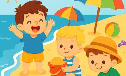 Il y a trois garçons de 2 ans : Léo, avec des cheveux bruns et un t-shirt bleu, est debout près de l'eau, riant ; Tim, aux cheveux blonds et en maillot rayé, est assis dans le sable avec un seau rouge ; Noé, avec des cheveux châtains et un t-shirt vert, est accroupi, touchant un coquillage. La scène se déroule sur une plage ensoleillée avec du sable doré, une mer bleue et des parasols colorés. Les garçons jouent joyeusement, riant et construisant un château de sable, tandis qu'une plume vole dans le vent.