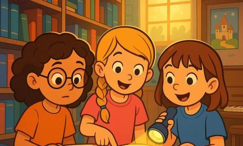 Trois filles de 8 ans, Emma, Chloé et Léa, se trouvent dans une bibliothèque magique. Emma, avec des cheveux bruns bouclés et des lunettes, examine un vieux livre. Chloé, aux cheveux blonds tressés et en t-shirt rose, montre un dessin mystérieux. Léa, avec des cheveux châtains et une frange, éclaire leur découverte avec une lampe de poche. La bibliothèque, remplie de livres colorés et baignée de lumière, crée une atmosphère chaleureuse. Elles découvrent un carnet mystérieux parlant d'un trésor caché à l'école et s'apprêtent à déchiffrer des indices pour une grande aventure.
