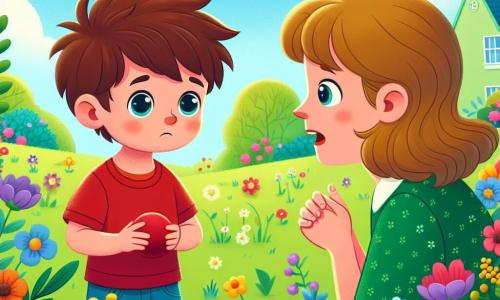 Un petit garçon de 4 ans, Lucas, avec des cheveux bruns en bataille et des yeux curieux, se tient dans un jardin ensoleillé. Il porte un t-shirt rouge et un short bleu, semblant un peu triste en cherchant sa balle rouge parmi les fleurs. Sa maman, une femme d'environ 30 ans avec des cheveux longs et blonds, s'accroupit à côté de lui dans une robe verte, lui parlant doucement avec un regard bienveillant. Le jardin est rempli de fleurs éclatantes et de papillons, et au fond se trouve une petite maison verte. Lucas, confus, réalise qu'il a menti à sa maman sur le rangement de sa balle, tandis qu'elle lui enseigne l'importance de l'honnêteté.