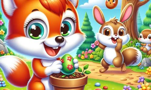 Petit Renard, un renard aux poils roux et aux yeux curieux, plante une graine dans un pot en terre, souriant de joie. À côté, Lapinou, un petit lapin aux grandes oreilles et à la fourrure blanche, saute en tenant un œuf coloré, ravi. Non loin, Noisette, un écureuil brun aux yeux malicieux, cherche un œuf caché derrière un buisson, concentré. La scène se déroule dans une clairière ensoleillée, entourée d'arbres majestueux et de fleurs colorées, sous un ciel bleu parsemé de nuages. Petit Renard et ses amis sont en pleine activité de plantation de fleurs et de chasse aux œufs, célébrant joyeusement l'arrivée du printemps.