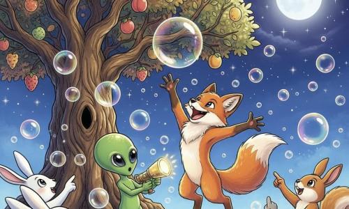 Félix, renard roux à la fourrure brillante, saute pour attraper une grosse bulle scintillante tandis que Zog, petit extraterrestre vert aux yeux ronds, tient un appareil à bulles à sa gauche ; un vieux chêne fruité occupe l'arrière-plan, des lapins et écureuils applaudissent en demi‑cercle, des oiseaux colorés volètent au-dessus sous un ciel indigo étoilé et une lune douce, des bulles iridescentes flottent partout — ambiance festive et magique, composition centrée sur Félix et Zog, couleurs vives, traits manga et contours nets.