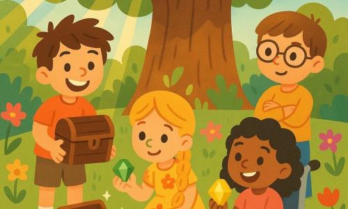 Quatre enfants sont réunis dans un jardin magique : Léo, 8 ans, a des cheveux bruns en bataille et un grand sourire. Il tient un petit coffre rouillé, les yeux brillants d'excitation. Mia, 7 ans, a de longs cheveux blonds tressés et porte une robe fleurie. Elle est accroupie près de Léo, examinant une pierre précieuse verte. Jules, 8 ans, a des cheveux châtains et des lunettes rondes. Il se tient en retrait, les bras croisés, observant le coffre avec curiosité. Zoe, 7 ans, a des cheveux noirs bouclés et un grand sourire. Elle est assise sur son fauteuil roulant, tenant une pierre jaune étincelante. Le jardin est rempli de fleurs colorées et d'un vieux chêne majestueux. Les enfants découvrent ensemble un trésor caché dans le jardin, un coffre rempli de pierres précieuses, symbolisant leur amitié et leur esprit d'aventure.