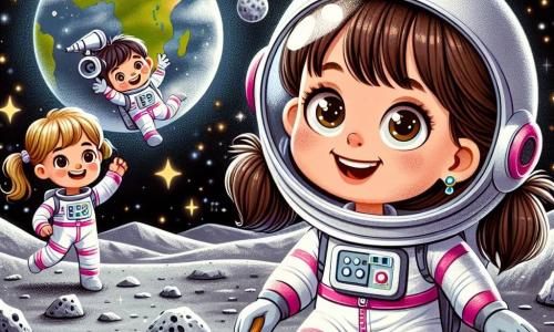 Sophie, une astronaute souriante, flotte dans l'espace en combinaison spatiale blanche avec des couleurs vives. Elle ramasse des pierres lunaires avec une pelle, ses cheveux bruns flottant autour de son visage. À proximité, un petit garçon de 8 ans, admiratif, porte une casquette d'astronaute et tient un télescope. Une petite fille de 6 ans, avec des couettes et une combinaison rose, saute de joie, les bras levés vers le ciel étoilé. Le paysage lunaire est composé de cratères gris et de rochers scintillants sous un ciel noir parsemé d'étoiles, avec la Terre visible au loin. Sophie et ses jeunes amis sont émerveillés par la beauté de l'espace, prêts pour une aventure incroyable ensemble.