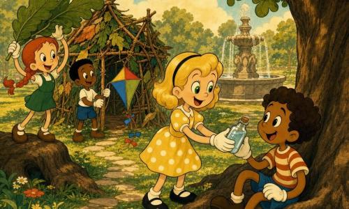 Emma, 6 ans, joyeuse et bienveillante, cheveux blonds mi-longs, yeux verts, robe jaune à pois blancs, tend une petite bouteille d'eau sucrée à son ami Paul, ~7 ans, peau mate, cheveux bouclés bruns, assis sous un grand chêne, soulagé et reconnaissant ; Léa, ~6 ans, peau claire, tresse rousse, debout sur une racine à gauche, tient de grandes feuilles pour le toit de la cabane ; Max, ~6–7 ans, peau foncée, cheveux courts, souriant, tient un cerf-volant multicolore près de la cabane en branches et feuilles ; lieu : parc herbeux au soleil avec grandes racines, fontaine en pierre, fleurs sauvages et chemin de pierres ; scène chaleureuse et coopérative, ambiance de camaraderie et lumière dorée d'un début d'après-midi.
