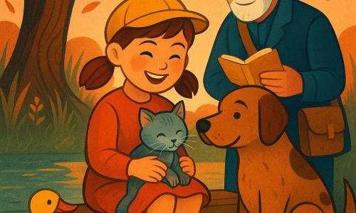 Une fillette de 6 ans, joyeuse et fière, cheveux châtains en couettes, bottes rouges et casquette jaune, tient un chaton gris mouillé sur ses genoux en souriant, assise sur une planche près d'une mare; à sa droite un grand chien affectueux aux poils bruns tachetés pose la tête contre ses genoux, à gauche un canard jaune avec une petite plume bleue barbote dans l'eau. Derrière elle, un homme d'environ 70 ans au sourire bienveillant, vêtu chaudement avec un sac en bandoulière, tient un petit livre doré ouvert et regarde la scène. Le jardin au crépuscule, avec un vieux chêne, herbes hautes, petites fleurs, mare reflétant un ciel rose-orangé, feuilles qui volent, traces de pattes dans la boue, lumière chaude et ombres longues, palette douce et contrastée.