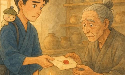 Haru, jeune homme au visage doux et légèrement anxieux en kimono indigo, tend un parchemin scellé rouge au vieux potier d'environ 70 ans aux mains tâchées d'argile qui rompt le sceau, tandis que Sumi, petit esprit crème et vert mousse coiffé d'un gland, observe depuis l'épaule de Haru dans un atelier de potier traditionnel aux étagères de céramiques, sol de terre battue et four fumant, éclairés par une lampe à huile et des rayons dorés, ambiance intime et chaleureuse aux couleurs aquarelle (ocres, bruns, indigo, rouge).