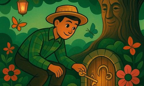 Maxime, au sourire doux et aux yeux émerveillés, penché pour tourner une petite clé dorée dans une minuscule porte en bois cachée dans une pierre ; derrière la porte se dresse un vieil arbre majestueux à l'écorce fissurée qui émet une lueur chaude, ses branches formant une voûte au-dessus de lui ; des fleurs colorées forment un cercle autour de la porte avec des papillons orange et bleus, un petit oiseau bleu observe depuis une branche, le jardin enchanté présente murets de pierre moussus, buissons ronds, chemins de gravier et herbe verte brillante, des lanternes en verre rose diffusent une lumière douce, la porte ornée de ferrures en laiton laisse échapper une lumière dorée et une légère poussière d'étoiles — ambiance chaleureuse et magique, couleurs saturées (verts émeraude, ors chauds, roses doux) et textures art déco, composition centrée sur l'instant où la clé tourne dans la serrure.