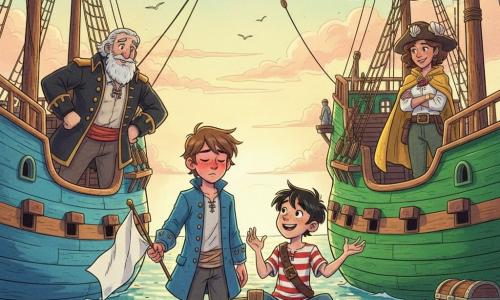 Timothée, un garçon d'une douzaine d'années, rougit profondément, vêtu d'une veste de pirate bleue un peu grande et tenant un petit drapeau blanc dans une barque entre deux navires; Pablo, un garçon d'environ 11 ans, accroupi dans la barque, sourit et gesticule pour détendre l'atmosphère; sur le pont d'un navire, le Capitaine Barbeblanche, homme imposant à la barbe blanche et veste sombre, observe avec surprise et un demi-sourire, tandis que sur le pont opposé la Capitaine Marée-Soleil, en cape jaune et chapeau orné, regarde Timothée avec fierté et bienveillance; décor : deux grands navires en bois bleu et vert rapprochés sur une mer calme au ciel pastel, reflets bleus et verts, mouettes en silhouette, cordages et voiles texturés, planches détaillées et un coffre ancien visible; scène : rencontre pacifique et courageuse, barque centrale avec le drapeau blanc, ambiance de tension adoucie par une lumière dorée de fin d’après-midi, traits à l’encre marqués et lavis colorés doux pour souligner l’émotion enfantine.