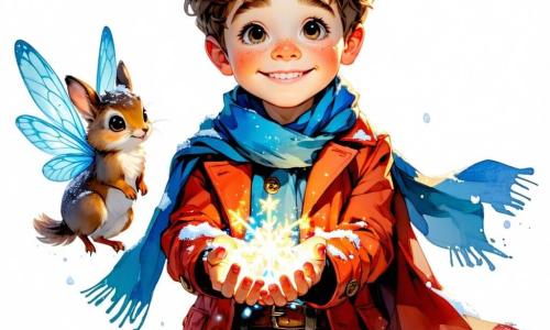Au centre de l'image, Agustin, un jeune garçon aux cheveux châtaigne et aux yeux malicieux, sourit en tenant un Flocon Magique brillant. Il porte un manteau rouge et une écharpe bleue, affichant une joie éclatante. À ses côtés, Nixou, une créature féerique aux oreilles pointues et aux cheveux argentés, flotte en pointant le Flocon avec émerveillement. En arrière-plan, Chataël, un grand chat aux yeux jaunes, les observe avec un sourire doux, ses griffes devenues mains amicales, incarnant l'esprit de Noël. Le décor est une forêt enchantée, avec des arbres couverts de neige et des flocons tombant doucement. La lumière du Flocon Magique crée une atmosphère chaleureuse et magique, tandis que des souvenirs de Noël flottent autour d'eux. La scène montre Agustin, Nixou et Chataël célébrant la magie de Noël, symbolisant le partage et l'amitié.