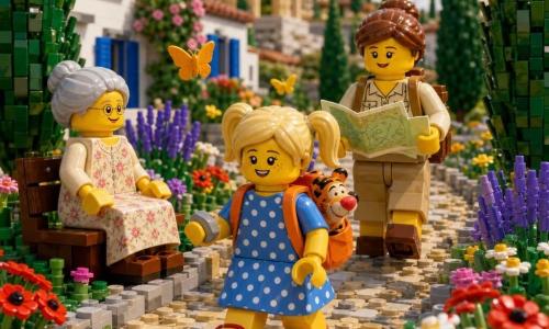 Anna, 6 ans, cheveux blonds en couettes, souriante, porte une robe bleue à pois blancs, sandales rouges, tient un petit caillou lisse ; son doudou Tigrou dépasse d'un sac à dos orange. Sa mère (environ 30 ans), cheveux châtains attachés, tenue beige de marche, souriante, suit en tenant une carte pliée. Une vieille dame assise sur un banc à gauche du chemin, cheveux gris en chignon, robe fleurie, sourit en regardant Anna. Sentier pavé étroit bordé de cyprès et de fleurs sauvages (lavande, coquelicots, marguerites), maisons blanches aux volets bleus et, au loin, colonnes de ruines antiques ocre sous un ciel bleu clair. Anna marche, entourée de papillons jaunes et orange, l'atmosphère est lumineuse et curieuse, découverte paisible du paysage vers les ruines. Style diorama LEGO lumineux, briques texturées, couleurs saturées, ombres douces, expressions expressives et silhouettes simples.