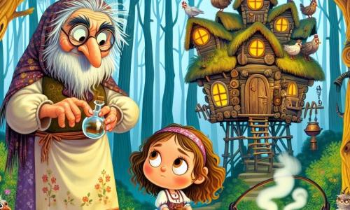 Une petite fille de 3 ans, Macha, avec de grands yeux curieux et des cheveux bouclés, se tient devant une maison étrange aux pattes de poulet, souriante et tenant une petite bouteille brillante. À côté d'elle, Baba Yaga, une sorcière âgée d'environ 70 ans, observe Macha avec amusement. Elle porte une robe rapiécée et se tient près d'un chaudron fumant, entourée de bocaux mystérieux. La scène se déroule dans une forêt dense, avec des arbres majestueux. La maison de Baba Yaga, perchée sur des pattes de poulet, tourne lentement, ajoutant une touche magique. Macha, après avoir nettoyé la maison de la sorcière, reçoit la potion qui sauvera son frère, illustrant leur rencontre et l'échange de respect et de courage entre elles.