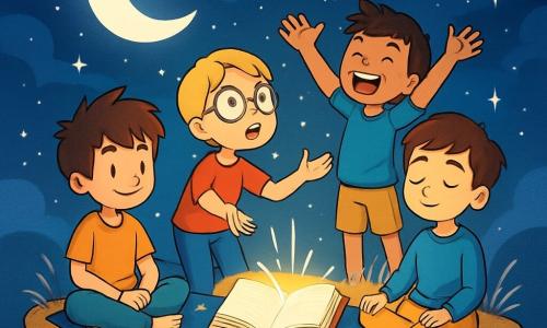 Quatre enfants se trouvent sur une petite île flottante dans l'espace, entourés d'un ciel étoilé. Robin, 12 ans, a des cheveux bruns en bataille et un sourire serein. Léo, également 12 ans, aux cheveux blonds et lunettes rondes, regarde la lune avec émerveillement. Sami, avec des cheveux noirs et des taches de rousseur, lève les bras vers le ciel, exprimant joie et excitation. Maxence, aux cheveux châtains et aux yeux doux, est assis, les yeux fermés, en pleine concentration. Ils se préparent à un voyage onirique autour d'un livre magique qui s'ouvre tout seul et émet une douce lumière, leurs visages rayonnants de sérénité, prêts à plonger dans un monde de rêves lumineux.