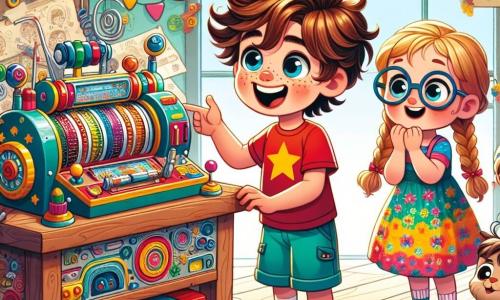 Un garçon de 6 ans, Timéo, aux cheveux bruns en bataille et aux yeux curieux, est debout à côté de sa machine, la Rouli-Roulette, avec un grand sourire. Il porte un t-shirt rouge et un short bleu, gesticulant pour montrer la direction à ses amis. À ses côtés, Léa, une fille de 6 ans aux longs cheveux blonds tressés et lunettes rondes, regarde la machine avec excitation, vêtue d'une robe à fleurs et tenant un carnet. Un peu en retrait, Malo, le cousin de 7 ans, examine une carte au trésor avec concentration, portant un t-shirt vert et un short beige. La scène se déroule dans un garage lumineux, rempli d'outils colorés et de dessins, avec un jardin verdoyant visible à l'extérieur. Les petits aventuriers sont impatients de monter dans la Rouli-Roulette pour explorer la Forêt des Mystères.