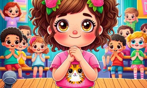 Au centre de l'image, Lisa, une fille de 9 ans, se tient sur une scène en bois, les yeux brillants d'excitation et de nervosité, avec des cheveux bruns en couettes et un t-shirt rose avec un chat. Elle sourit timidement en tenant un micro. À gauche, sa meilleure amie Clara, également âgée de 9 ans, l'encourage avec un grand sourire et applaudit. En arrière-plan, une salle de classe décorée et remplie d'enfants captivés par la performance de Lisa, certains admiratifs, d'autres chuchotant, créant une atmosphère de soutien. Lisa est prête à chanter, symbolisant la confiance en soi et le courage de s'exprimer.
