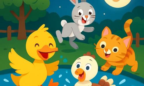 Pataud, un canard joyeux aux plumes jaunes, glisse sur une mare sous la lune, éclaboussant l'eau. À ses côtés, une dinde aux plumes blanches et marron rit en faisant des pirouettes. Un lapin aux grandes oreilles bondit joyeusement, prêt à sauter dans la mare, tandis qu'un chaton rayé orange se secoue, éclaboussant ses amis. La scène se déroule dans un zoo paisible, éclairé par la lune et les étoiles, où les amis s'amusent ensemble, créant une atmosphère de joie et de camaraderie.