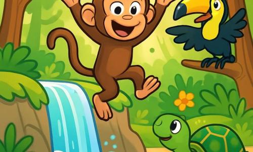 Malika, une petite guenon aux yeux pétillants et à la fourrure brune, se tient au bord d'une cascade d'azur, prête à plonger dans l'eau scintillante. À ses côtés, Oscar, un toucan au plumage jaune et noir, l'observe avec admiration, tandis que Lila, une tortue à la carapace verte ornée de motifs dorés, regarde la scène avec curiosité. Le décor est une forêt luxuriante, avec des arbres majestueux, des fleurs colorées et des rayons de soleil filtrant à travers le feuillage. Malika est entourée de ses amis, tous impatients de découvrir le mystère derrière le rideau d'eau, dans une atmosphère magique et joyeuse.
