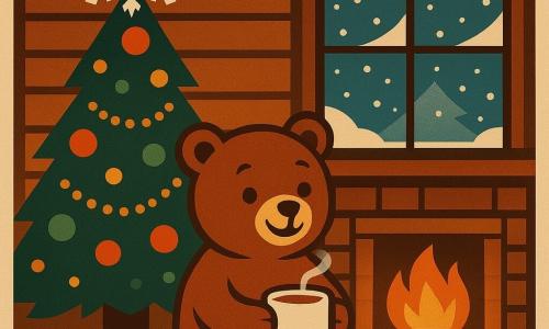 Petit Ours, un ourson brun au pelage doux, est assis sur un tapis moelleux avec un sourire émerveillé. Il tient une tasse de lait chaud. À côté, un sapin décoré de boules et d'une guirlande scintillante, avec un flocon de neige au sommet. La cabane en bois, chaleureuse, est éclairée par le feu dans la cheminée. Dehors, à travers une fenêtre givrée, la neige tombe doucement, créant une ambiance féerique.