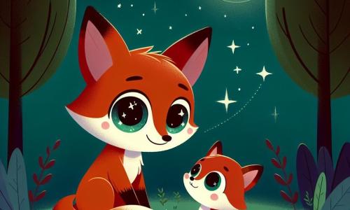 Un petit renard roux, nommé Roux, est au centre de la scène, regardant le ciel étoilé avec curiosité et une légère appréhension. À ses côtés, sa maman, une renarde au pelage doré, l'observe tendrement, prête à lui offrir son soutien. Le ciel nocturne est rempli d'étoiles scintillantes, éclairant la forêt sombre mais accueillante, créant une atmosphère magique et paisible. Roux, un peu nerveux, compte les étoiles, tandis que sa maman lui propose de chanter une chanson pour le rassurer. L'image dégage une sensation de calme et de chaleur, montrant que même dans l'obscurité, il y a de la beauté et de la sécurité.