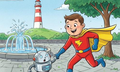 Zig Zap, un super-héros adulte souriant aux cheveux courts bruns, en costume rouge, cape jaune et bottes bleues, tend la main à un petit robot rond argenté aux lumières bleues ; ils avancent ensemble sur une grande place pavée avec une fontaine et un arbre, en direction d’un phare sur une colline, ambiance joyeuse et couleurs vives.