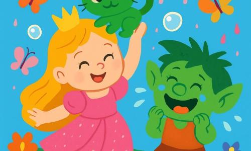 Une princesse joyeuse, avec de longs cheveux dorés et une robe rose scintillante, danse dans un jardin enchanté, tenant un petit chat vert qui saute sur son chapeau. À côté, un troll rigolo, avec une peau verte et des cheveux en désordre, pleure de joie en riant. Le jardin est rempli de fleurs colorées sous un ciel bleu clair, avec des bulles de savon flottant autour d'eux. La princesse et le troll partagent un moment magique, entourés de papillons multicolores, tandis qu'une pluie douce de confiture tombe sur eux, créant une atmosphère festive.