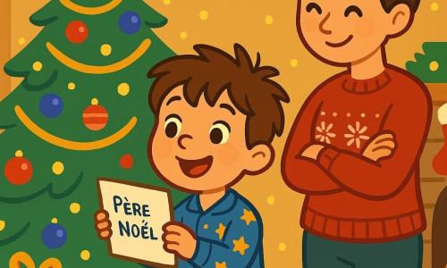 Un petit garçon de 4 ans, Arthur, avec des cheveux châtains en désordre et des yeux pétillants de joie, se tient devant un sapin de Noël décoré, souriant. Il porte un pyjama bleu avec des étoiles dorées et tient une lettre au Père Noël. À ses côtés, sa maman, Sophie, une femme d'environ 30 ans avec des cheveux bruns en chignon et un pull rouge à motifs de flocons de neige, le regarde avec tendresse, les bras croisés. Le salon est chaleureux, rempli de lumières scintillantes et de décorations de Noël, avec des cadeaux autour du sapin et une cheminée dégageant une douce chaleur. Arthur, émerveillé, découvre la magie de Noël, prêt à poster sa lettre.