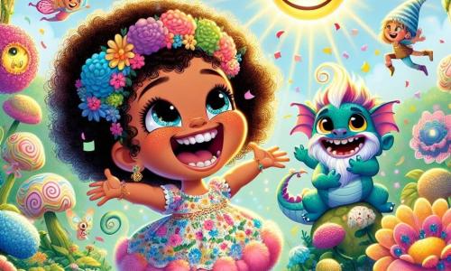 Lila, une petite fille de 6 ans aux cheveux bouclés et aux yeux pétillants, saute de joie dans un jardin magique. Elle porte une robe colorée et tient un sourire doré dans ses mains, rayonnante d'excitation. À ses côtés, Bobo, un dragon gentil aux écailles bleu et rose, éternue des confettis en riant. Grignote, un petit lutin de 5 ans avec un chapeau pointu, est assis sur une fleur géante, grignotant une guimauve et souriant à Lila. Le jardin est rempli de fleurs chantantes, de papillons et de soleil. Une grande bulle flottante brille au centre, contenant un sourire doré. La scène évoque une atmosphère joyeuse et magique, où Lila et ses amis découvrent le sourire de la Reine des Blagues, prêt à apporter la joie à Rigololand.