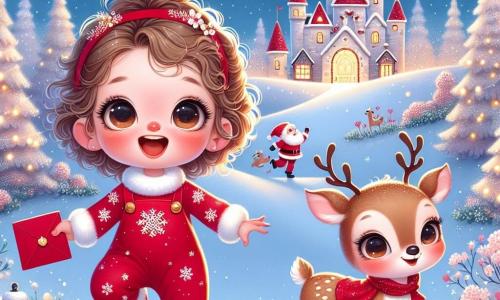 Une petite fille de 1 an, Lila, avec de grands yeux et des cheveux bouclés, porte une combinaison rouge à motifs de flocons de neige. Elle est joyeuse, sautillant dans la neige avec une lettre rouge dans les mains. À côté d'elle, un renne mignon au pelage brun sourit. Le décor est un paysage hivernal féerique avec des arbres enneigés, des maisons illuminées et un ciel étoilé. Lila et le renne arrivent au pôle Nord, devant le château du Père Noël, où elle tend la lettre au Père Noël qui les accueille avec un sourire, créant une atmosphère magique.