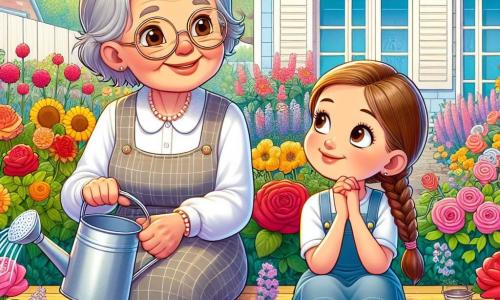 Madame Lucie, une femme de 65 ans aux cheveux argentés et lunettes rondes, sourit en arrosant ses plantes dans son jardin fleuri. À côté d'elle, Zoé, une fille de 10 ans aux cheveux bruns en tresses, écoute attentivement. Le jardin est rempli de fleurs colorées et un chemin en gravier serpente à travers les parterres. La maison de Madame Lucie, peinte en bleu pastel, est en arrière-plan. Elles partagent des souvenirs joyeux, évoquant des moments passés en classe, sous un soleil doux qui crée une ambiance chaleureuse.