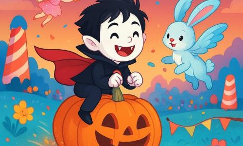 Victor, un jeune vampire au teint très pâle et aux petites canines visibles, sourit joyeusement, cheveux noirs en bataille et cape rouge flottante, assis en équilibre sur une grosse citrouille anthropomorphe victorieuse au visage riant qui roule vite; mains serrées, posture dynamique comme s’il filait à toute vitesse. À côté, un lapin-oiseau femelle bleu pastel aux longues oreilles plumeuses saute en battant des ailes et tend une petite bannière, tandis qu’une petite fée en robe rose pailletée aux ailes arc-en-ciel vole derrière en agitant une clochette; le tout dans une prairie surréaliste à herbe bleu vif, fleurs colorées, arbres en sucres d’orge, une rivière de chocolat et un ciel crépusculaire violet‑orange, scène d’une course de citrouilles festive animée par fanions, confettis, spectateurs fantastiques et lignes de vitesse.