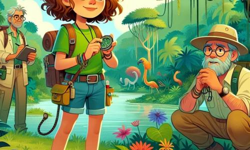 Camille, une jeune fille de douze ans, se tient au centre de la scène, les yeux brillants d'excitation. Elle a des cheveux châtains bouclés, un t-shirt vert et un short en denim, avec un sac à dos rempli d'outils d'exploration. Elle tient une boussole et un carnet de notes, prête à découvrir la jungle. À ses côtés, le professeur Alaric, un homme d'environ cinquante ans avec une barbe grisonnante, examine une plante rare avec une loupe. Leo, un jeune homme de dix-huit ans, est accroupi près d'une rivière, tenant un artefact ancien. La scène se déroule dans une jungle luxuriante, avec des arbres géants, des lianes et des fleurs colorées, tandis que des oiseaux exotiques volent au-dessus. Camille et ses compagnons explorent, découvrant des trésors cachés avec excitation.
