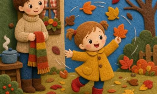 Une fillette de 2 ans, joyeuse et curieuse, petite silhouette ronde, cheveux châtain clair en deux couettes, tient une feuille orange et sourit ; elle porte un manteau jaune moutarde et des bottes rouges. Sa maman d'environ 30 ans, souriante et tendre, cheveux bruns en chignon, pull beige et bottes brunes, se tient près de la porte à gauche en tenant une écharpe rayée. Devant la maison, jardin d'automne couvert de feuilles jaunes, rouges et brunes, arbres aux branches fines, ciel bleu pâle ; une fenêtre à rideau à carreaux et une table avec une marmite fumante sont visibles derrière. La scène montre la fillette imitant la danse des feuilles, feuilles tourbillonnantes en mouvement circulaire, ambiance douce et chaleureuse. Style visuel : formes simples en feutrine, couleurs chaudes saturées, contours doux et textures laineuses visibles.