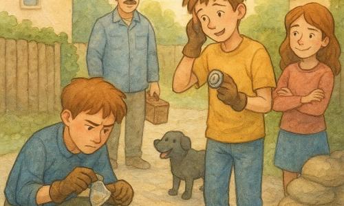 Noé, 12 ans, accroupi et concentré, tient un petit sachet de sable près d’un guidon de vélo cassé; Hugo, 12 ans, soulagé et un peu embarrassé, tient la sonnette abîmée; Lina, ~11 ans, sourit en observant, bras croisés près d’un portail en bois; Monsieur Legrand, moustachu en veste de travail, tient une boîte à outils devant son garage; le chien Carbone remue la queue avec quelques grains de sable sur le pelage; scène dans une allée pavée entre pavillons avec sacs de sable, haies et lumière douce de fin d’après‑midi, style aquarelle aux tons pastels, textures granuleuses et contrastes doux.