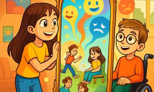 Léa, une fille de 12 ans aux longs cheveux bruns et aux yeux pétillants, porte un t-shirt jaune et un jean bleu. Elle se tient devant un miroir ancien, émerveillée. Thomas, un garçon de 12 ans aux cheveux châtains et lunettes rondes, est assis dans son fauteuil roulant à côté d'elle, souriant. La chambre de Léa est décorée de posters colorés et de livres éparpillés. Le miroir, aux bords dorés, reflète une lumière douce. Léa et Thomas découvrent leurs émotions à travers le miroir enchanté, où des couleurs vives et des formes flottantes représentent la joie, la tristesse et la culpabilité, illustrant leur amitié et leurs souvenirs.