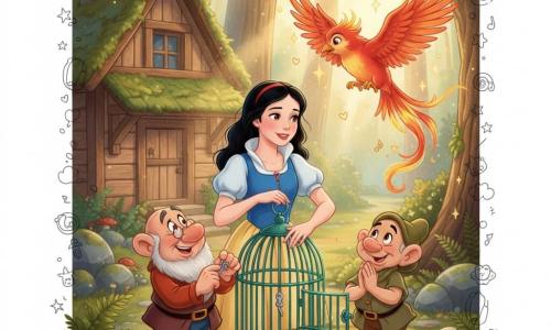 Blanche-Neige au centre, visage doux et déterminé, cheveux noirs, robe blanche et bleue à manches bouffantes, main sur une cage d’émeraude réparée, regard vers un oiseau flamboyant rouge, orange et or s’envolant, ailes déployées et éclats lumineux avec petites notes musicales en doodles ; Doc à gauche, nain d’environ 60 ans, petite barbe grise et lunettes rondes, tourne une clé d’argent dans le loquet ; Simplet à droite, nain d’environ 30 ans, sourire naïf, mains jointes, émerveillé ; clairière matinale devant une maisonnette en bois couverte de mousse, fougères et champignons, rayons de soleil dorés, sol de feuilles et pierres moussues ; porte de la cage ouverte, expressions de joie et de gratitude, ambiance chaleureuse et magique, couleurs saturées et textures douces, doodles (cœurs, étoiles, notes) autour.