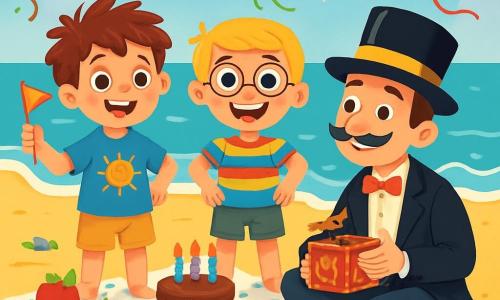 Il y a trois personnages : Milo, un garçon de 7 ans avec des cheveux bruns en bataille, des yeux pétillants, un t-shirt bleu et un short beige, souriant avec un petit drapeau coloré ; Sami, un garçon de 7 ans avec des cheveux blonds, des lunettes rondes, une chemise à rayures multicolores et un short vert, se tenant à côté de Milo, les mains sur les hanches ; et Monsieur Chamallow, un homme adulte avec un chapeau brillant, une veste noire trop grande, une moustache fine, assis sur le sable avec une boîte à musique. L'action se déroule sur une plage ensoleillée avec du sable doré et des vagues douces, où Milo et Sami préparent un anniversaire joyeux, partageant un gâteau, tandis que Monsieur Chamallow les observe, prêt à réaliser un tour de magie. L'atmosphère est festive et pleine de joie.