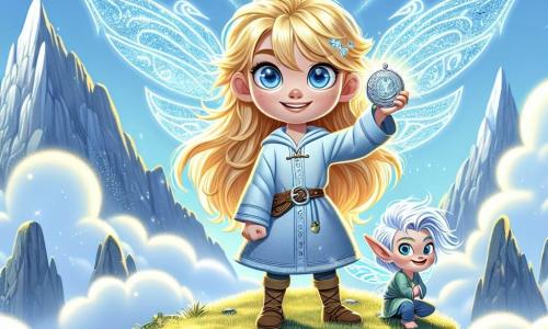 Freya, une jeune fille aux cheveux dorés et aux yeux bleus pétillants, se tient fièrement au sommet de la Montagne des Esprits, levant un médaillon argenté orné de runes mystérieuses qui brille d'une lumière magique. À ses côtés, Liri, un petit elfe aux ailes scintillantes, vole joyeusement autour d'elle. Le décor est majestueux avec des nuages cotonneux, des arbres verdoyants et un ciel bleu éclatant. Freya est prête à défendre le médaillon contre des voleurs menaçants qui s'approchent en bas de la montagne, déterminée à protéger son village.