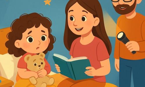 Une petite fille de 4 ans, aux grands yeux brillants et cheveux bouclés, est assise sur son lit, inquiète mais curieuse, serrant son ourson beige. Sa maman, une femme douce d'environ 30 ans avec des cheveux longs, est assise à ses côtés, souriant et tenant un livre ouvert. Son papa, un homme d'environ 35 ans avec une barbe légère et des lunettes, se tient debout dans un coin, souriant et tenant une lampe de poche. La chambre, chaleureuse avec des murs bleu pastel et des étoiles dorées au plafond, crée une ambiance douce et réconfortante alors que la maman commence à raconter une histoire, apaisant les craintes de sa fille.