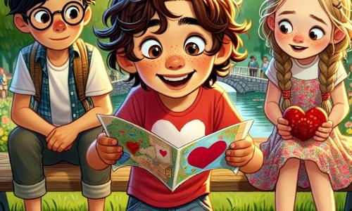 Luca, un garçon de 12 ans aux cheveux bruns ébouriffés et aux yeux curieux, sourit au centre de l'image. Il porte un t-shirt rouge avec un cœur et un short en jean, tenant une carte colorée avec excitation. À sa droite, Zoé, 11 ans, cheveux blonds tressés et lunettes rondes, observe une boîte en carton décorée de cœurs, intriguée. Elle est en robe à motifs floraux et sandales. À gauche, Samuel, 12 ans, cheveux noirs et lunettes, examine une peluche en forme de cœur trouvée sur un banc, amusé. Il porte un t-shirt bleu et un pantalon cargo. La scène se déroule dans un parc ensoleillé, avec des arbres verts et des fleurs colorées. Luca et ses amis découvrent une boîte surprise remplie de friandises et de notes mystérieuses, entourés de décorations de Saint-Valentin, prêts à résoudre une énigme pour une aventure inoubliable.