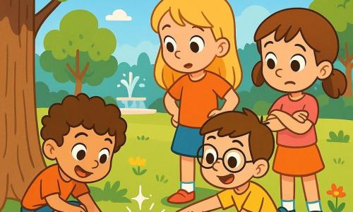 Quatre enfants, deux garçons et deux filles, se tiennent dans un parc ensoleillé. Timothée, 5 ans, est accroupi près d'un chêne, examinant une boîte en métal brillante. Clara, 5 ans, regarde avec curiosité, les mains sur les hanches. Léo, également 5 ans, pointe vers la boîte avec un sourire émerveillé. Zoé, 5 ans, se tient en retrait, impatiente de découvrir ce qu'il y a à l'intérieur. Le parc est verdoyant, avec des arbres, des fleurs et une fontaine au loin, sous un ciel bleu parsemé de nuages. Les enfants viennent de découvrir une boîte mystérieuse sous le chêne et sont en train de l'ouvrir ensemble.
