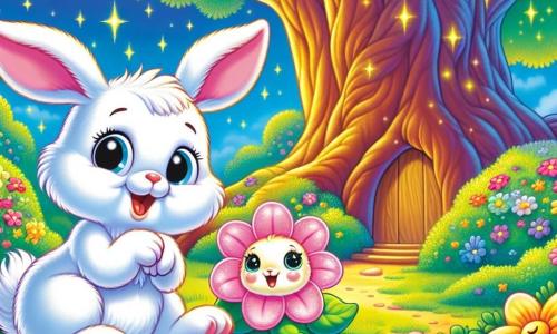 Un petit lapin blanc nommé Léo, avec de grands yeux brillants et des oreilles droites, est assis sous un arbre majestueux. Curieux et joyeux, il est prêt à explorer. À côté de lui, une fleur rose se penche légèrement, comme si elle lui parlait. L'arbre magique, avec son tronc épais et ses feuilles dorées, crée une atmosphère enchantée. Le jardin est rempli de couleurs vives et d'un ciel bleu éclatant. Léo découvre une petite porte en bois sous les racines de l'arbre, prêt à entrer dans un tunnel scintillant menant au monde des rêves.
