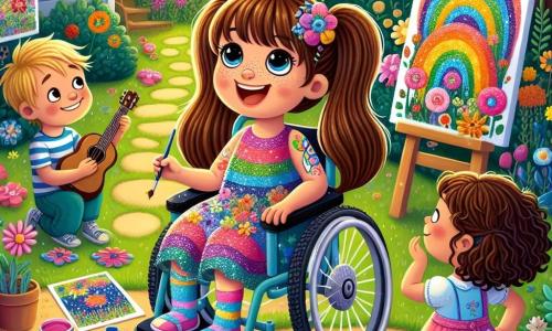 Léa, une petite fille de 8 ans, est assise dans son fauteuil roulant coloré, souriante, avec de longs cheveux bruns en couettes et une robe à pois multicolores. Elle tient un pinceau et est entourée de tableaux peints de fleurs et d'arcs-en-ciel. Son meilleur ami Max, également âgé de 8 ans, est debout à côté d'elle avec une guitare, la regardant avec admiration. Emma, une fillette de 7 ans aux cheveux bouclés et en robe rose, s'approche avec un sourire. La scène se déroule dans le jardin de Léa, rempli de fleurs colorées et de trésors cachés, sous un soleil éclatant. Léa montre ses peintures à ses amis, partageant sa passion pour l'art.